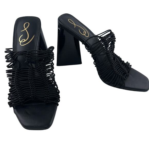 Sam Edelman Laurette Black Strappy Heeled Sandal Square Opened Toe Slip On 7 - Picture 1 of 3